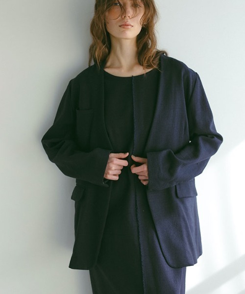 ETRE TOKYO ツイードノーカラージャケット ブラウン M 美品 ワイドスリーブノーカラージャケット(S NAVY): アウター │ ETRE
