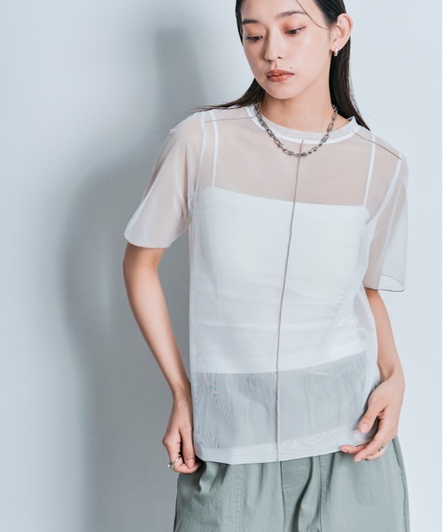 W：Huku tシャツ 配色 パイピング シアー トップス レディース