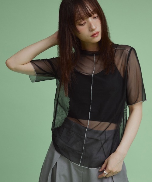 W：Huku tシャツ 配色 パイピング シアー トップス レディース