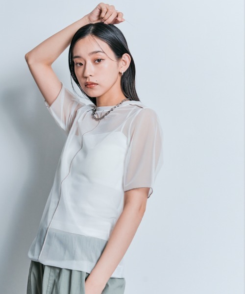 W：Huku tシャツ 配色 パイピング シアー トップス レディース