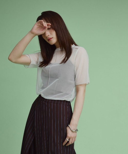 W：Huku tシャツ 配色 パイピング シアー トップス レディース