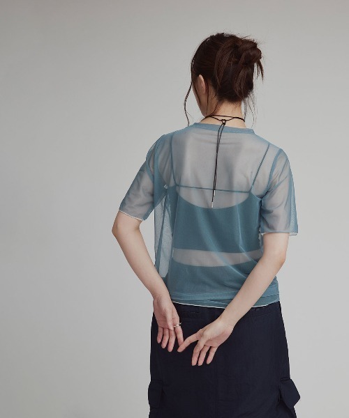 W：Huku tシャツ 配色 パイピング シアー トップス レディース