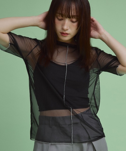 パイピングシアーブラウス♪38美品 W：Huku tシャツ 配色 パイピング シアー トップス レディース