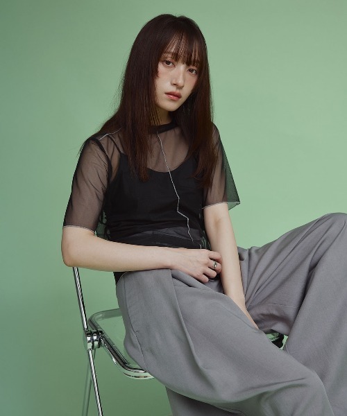 W：Huku tシャツ 半袖 配色 パイピング シアー トップス レディース