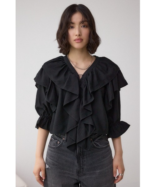 イエローフリルブラウス 長袖 MOUSSY カワイイ CAWAII 朗らかイエローのアシンメトリーフリルブラウス