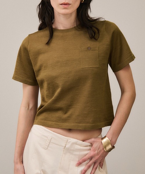 tシャツ クロップドハーフスリーブリネンニット「ドライタッチ・洗える」 レディース