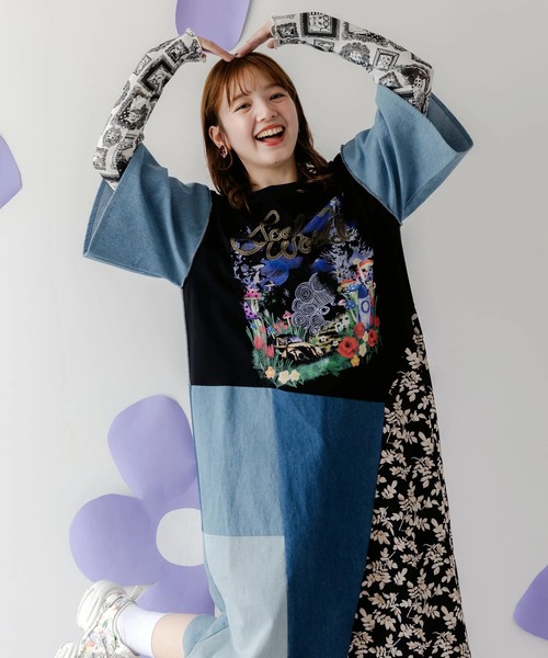 大人気❤ ScoLar スカラー リメイク風 異素材切替フレアスカート　デニム スカラーリメイク風 異素材切替デニムスカート[品番：SRSW0000368