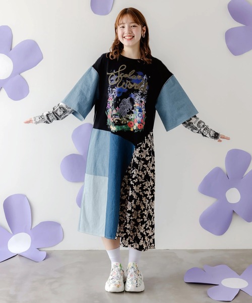 大人気❤ ScoLar スカラー リメイク風 異素材切替フレアスカート　デニム スカラーリメイク風 異素材切替デニムスカート[品番：SRSW0000368
