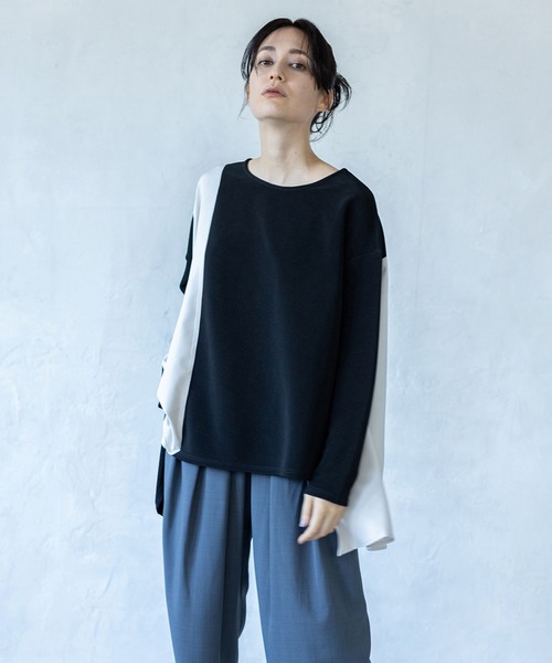 【美品】慈雨 アシンメトリー 変形 プルオーバー 異素材 切り替え チェック L OSMOSIS（オズモーシス） tシャツ アシンメトリー切替プルオーバー
