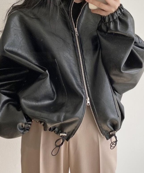レザージャケット ライダース スタンドカラー ジップファスナー バブル
