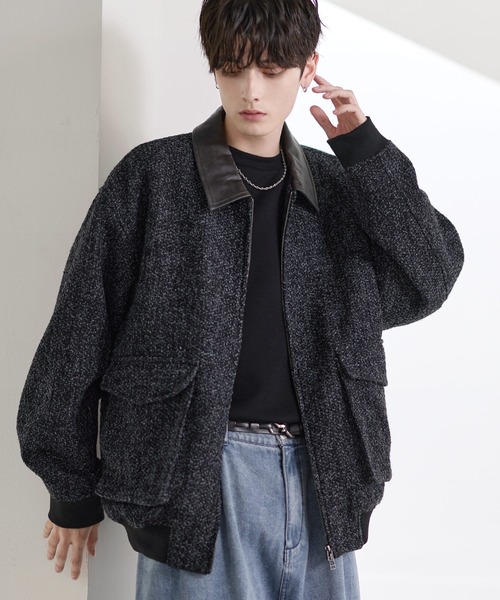 ウールジャケット ダブルジップ ブラック 短丈 コート ジャケット ウール混ツイード切り替えダブルジップジャケット