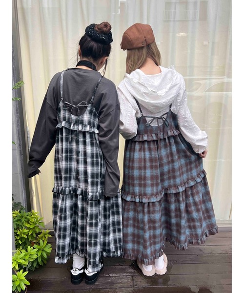 vintage タータンチェックたくし上げ変形フレアネルシャツロングワンピース WC ワンピース ネルチェックロングキャミワンピース : ZOZOTOWN Yahoo