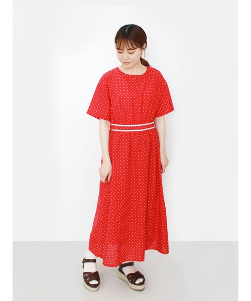 「ehka sopo」 半袖ワンピース フリ- レッド レディース_画像2