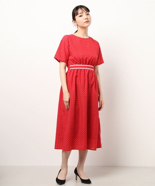 「ehka sopo」 半袖ワンピース フリ- レッド レディース_画像7