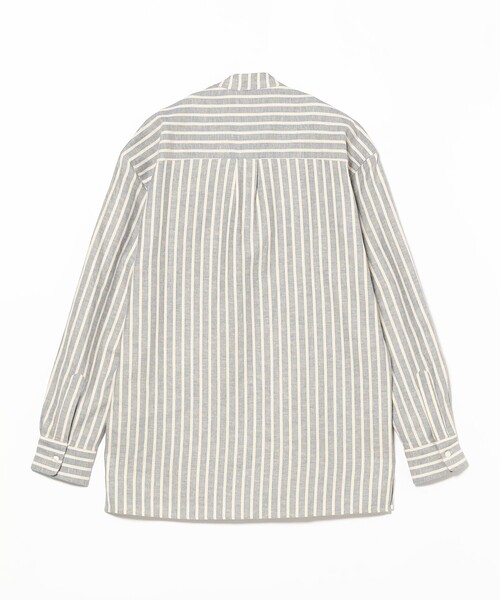 コート ジャケット 「別注」Placide / リネンコットン ストライプ バンドカラーシャツ メンズの画像