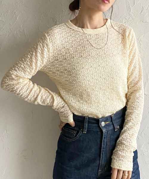 She's Closet tシャツ 長袖 クルーネック 花柄 レースシアートップス