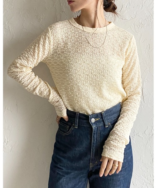 She's Closet uvカット tシャツ 長袖 クルーネック 花柄 レースシアー