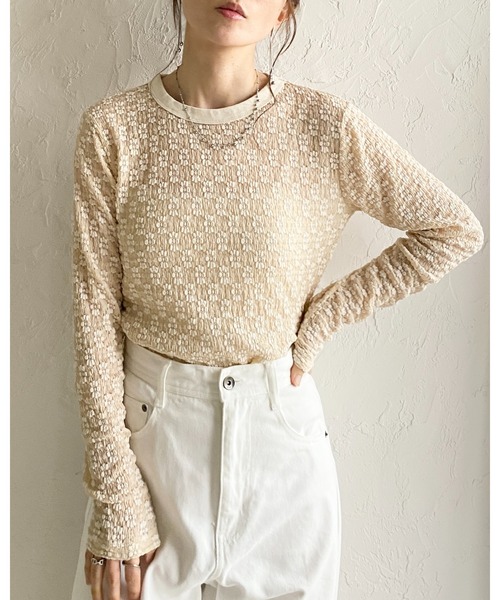 She's Closet tシャツ 長袖 クルーネック 花柄 レースシアートップス