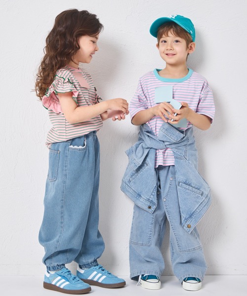 SAPEur キッズ 120~130 パンツ デニム スウェット pairmanon（ペアマノン） パンツ ガールズ レース 裾ゴム カーブデニム