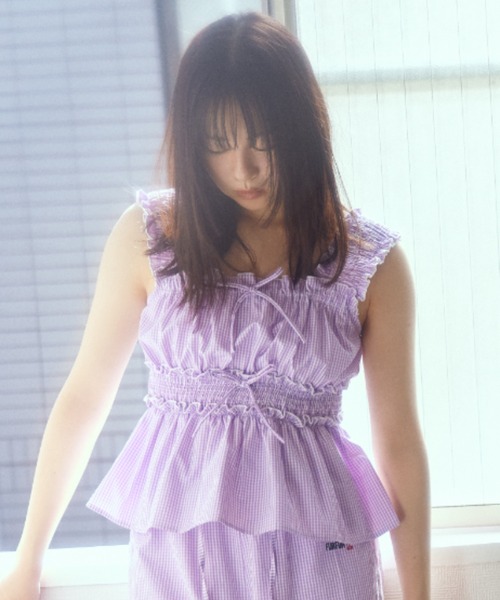 FURFUR（ファーファー）フラワーチェックプルオーバー　ラベンダー FURFUR（ファーファー） ブラウス シャツ 「WEB・一部店舗限定カラー