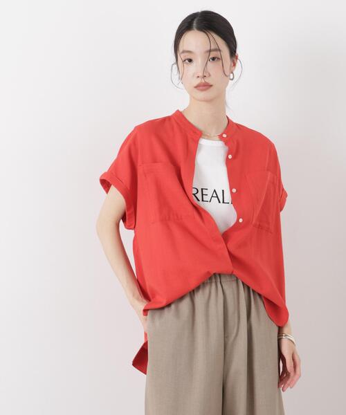 ブラウス シャツ 多機能リネン混スタンドカラードルマンフレンチスリーブシャツ(セットアップ可) レディースの画像