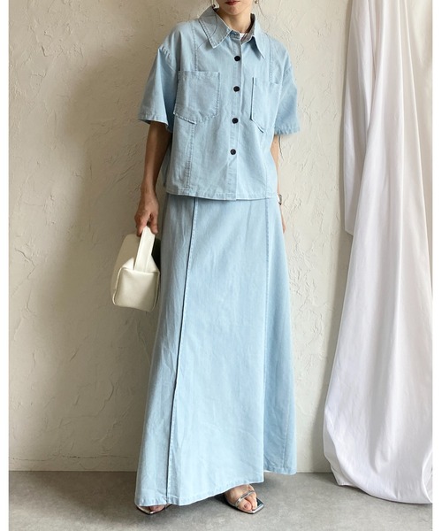 45R 2点セット ダンガリーデニムブラウスと馬ポロ She's Closet セットアップ サマーデニムダンガリーシャツ＆スカート