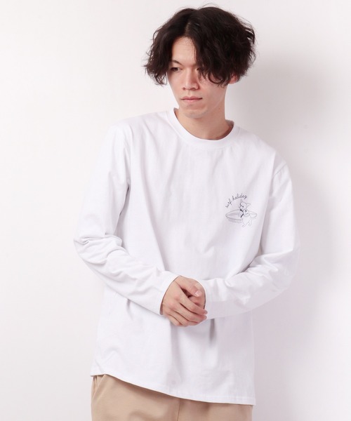 長袖Tシャツ ドッグプリント シンプル ルーズ トレンディ ラフ FUNALIVE tシャツ SURFドッグイラスト長袖Tシャツ メンズ