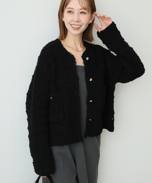 SLOBE IENA ブッチャーツィードジャケット SLOBE IENA ジャケット ノーカラージャケット ツィードニット