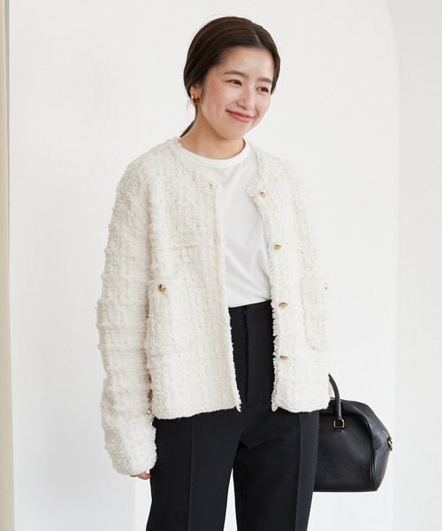 SLOBE IENA ジャケット ノーカラージャケット ツィードニット