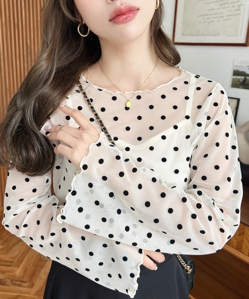 インナーキャミ付き ブラウス レディース ドット柄 シフォン シアー フリル 長袖 ラウンドネック おしゃれ すてき 甘辛 軽量(XL) 楽天市場】インナーキャミ付き ブラウス レディース ドット柄