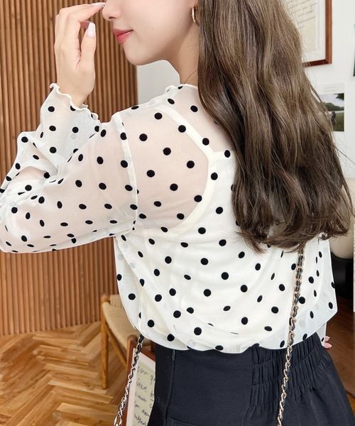 チュールドットフロッキーキャンディースリーブブラウス STYLEBLOCK ブラウス シャツ チュールドットフロッキー