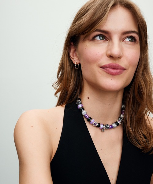 再値下げ★美品★Pandora チャーム　パープルフラワー２点セット ツートン ツイスト ハート ロック ダブル ダングル チャーム