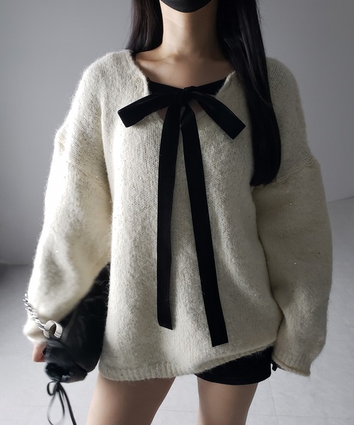 ME COUTURE ミークチュール ハンド2wayニット リボン　ブルー 2wayリボンニット＋キャミセット | Remind me and forever