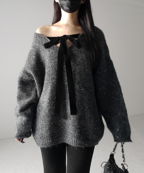 ME COUTURE ミークチュール ハンド2wayニット リボン　ブルー 2wayリボンニット＋キャミセット | Remind me and forever