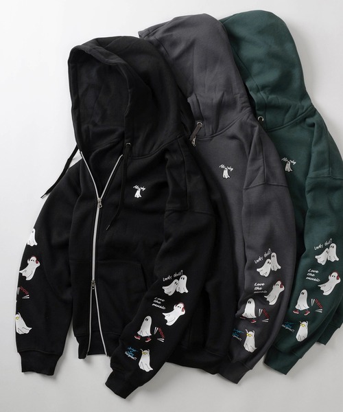 osklen 変形　切りっぱなし　おばけ　パーカー　ロング　フード　拘り　ジップ 蝶とリボンと花」斜めZIPロング丈総刺繍パーカー 今昔 KJ-29177