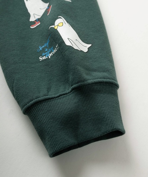パーカー おばけイラスト ワンポイントロゴ刺繍 ＆ 袖プリント