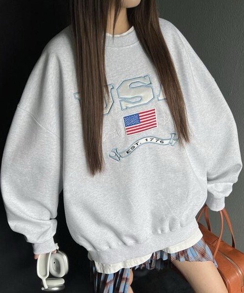 トレーナー スウェット 「KOREAN SELECT」USA 星条旗 ロゴ ワッペン刺繍 裏起毛 ビッグシルエット スウェット プルオーバー レディー
