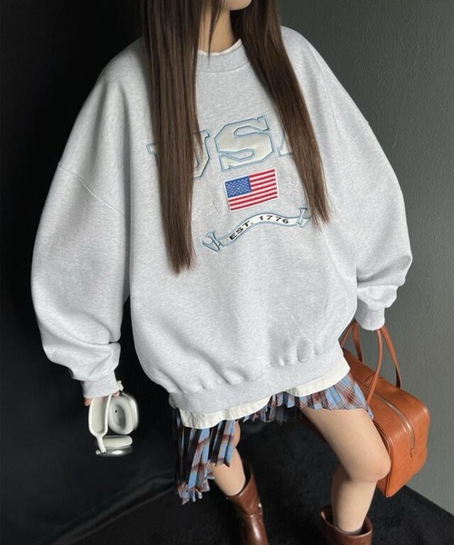 トレーナー スウェット 「KOREAN SELECT」USA 星条旗 ロゴ ワッペン刺繍 裏起毛 ビッグシルエット スウェット プルオーバー レディー Revo. トレーナー スウェット 「KOREAN SELECT」USA 星条旗 ロゴ