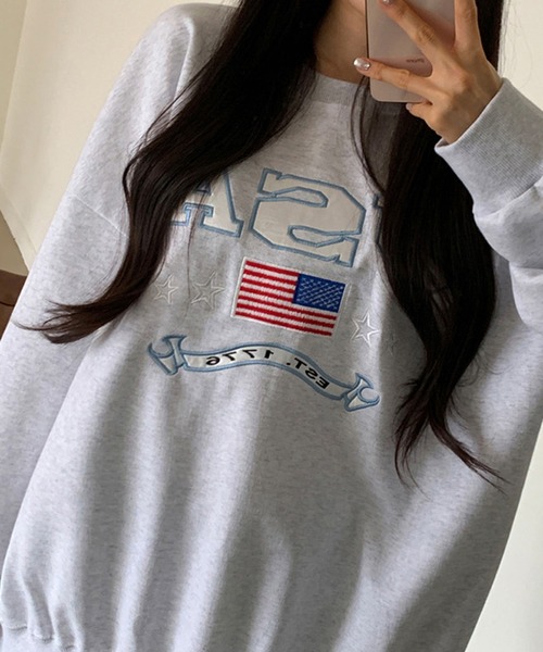 トレーナー スウェット 「KOREAN SELECT」USA 星条旗 ロゴ ワッペン刺繍 裏起毛 ビッグシルエット スウェット プルオーバー レディー Revo. トレーナー スウェット 「KOREAN SELECT」USA 星条旗 ロゴ