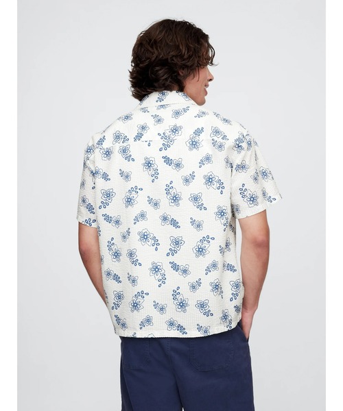 【美品】　GAP シアサッカー　シャツ　オープンカラー　ネイビー　開襟　L 半袖 a1e1080660d9c8b40b7589c9798fa2