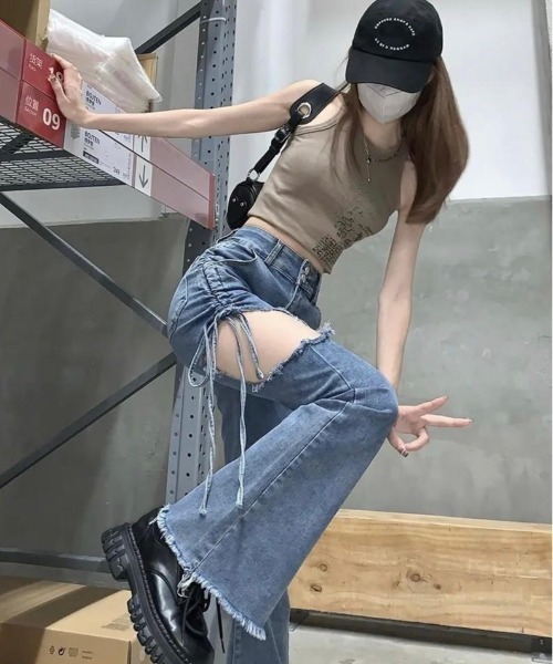 [almo] [burlesque] повреждение обработка Denim брюки MEDIUM голубой женский 