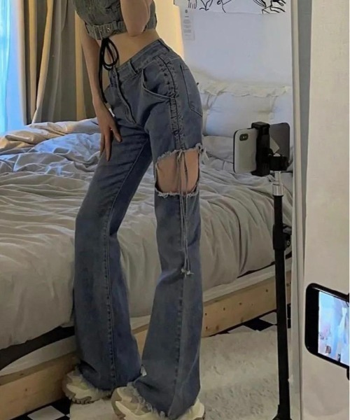[almo] [burlesque] повреждение обработка Denim брюки MEDIUM голубой женский 