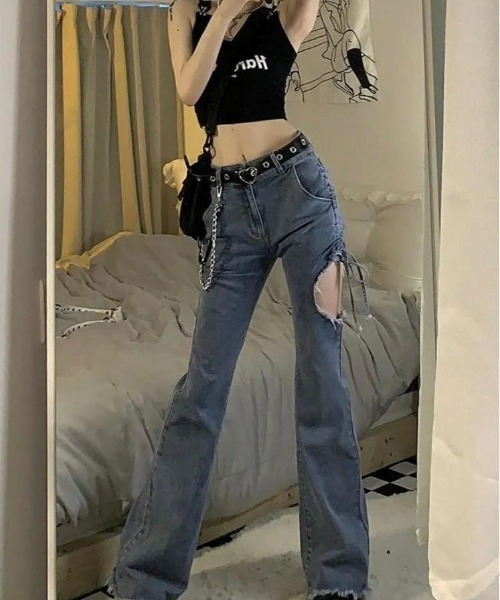 [almo] [burlesque] повреждение обработка Denim брюки MEDIUM голубой женский 