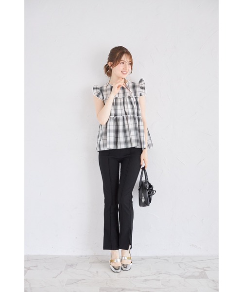 美品♪45r 45rpm ティアードフリルチェックブラウス ネルシャツ 3 美品