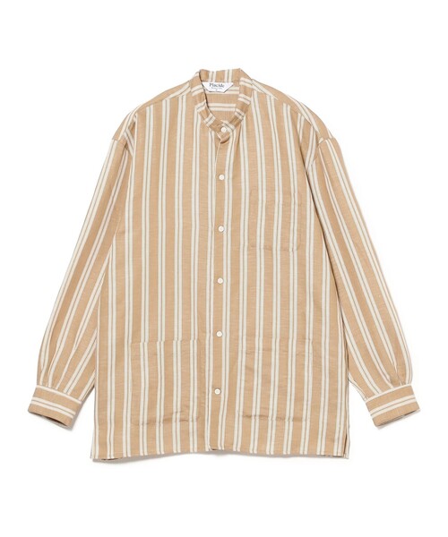 コート ジャケット 「別注」Placide / リネンコットン ダブルストライプ バンドカラーシャツ メンズの画像