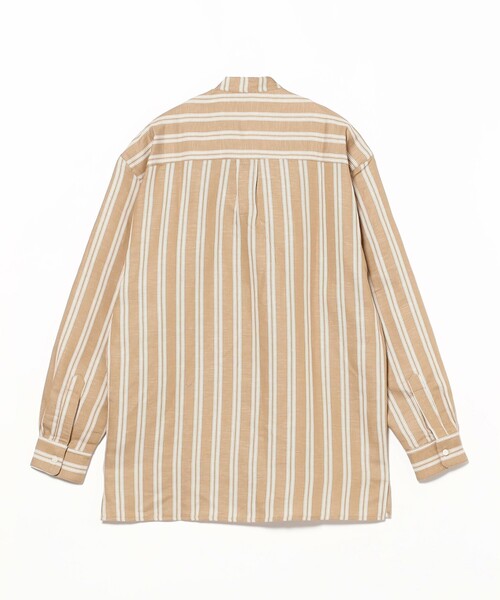 コート ジャケット 「別注」Placide / リネンコットン ダブルストライプ バンドカラーシャツ メンズの画像