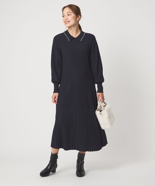 【美品】Rene ルネ　ニット　プリーツワンピース 36 グレー　上品シルエット green label relaxing（グリーンレーベルリラクシング） ワンピース