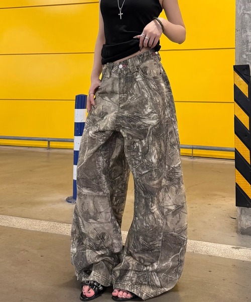 inst.ALL ワイドパンツ パンツ バック刺しゅうロゴカモフラ柄ワイド