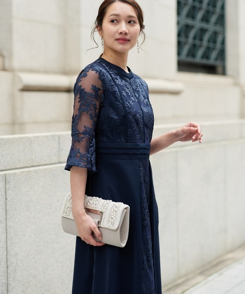 総刺繍 フラワー チュール ロング ドレス ワンピース 上品 高級感 日本製 ニッセン（nissen） ドレス パイピングデザインチュール刺繍ワンピース