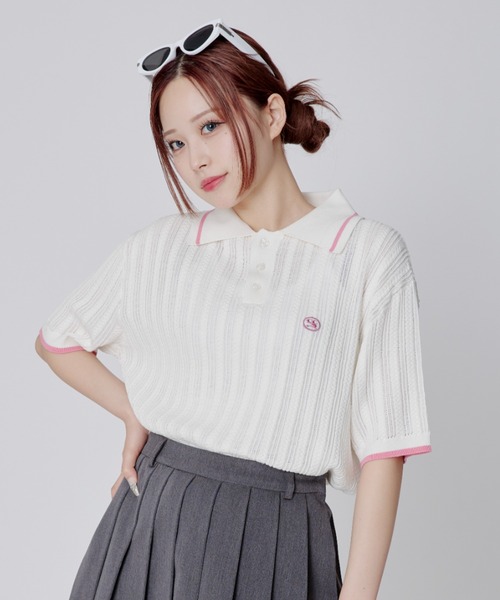 ポロシャツ ポロ (WOMAN) WAVE Symbol Cable  SHORT SLEEVE Collar Knit レディース codegraphy ポロシャツ ポロ (WOMAN) WAVE Symbol Cable SHORT